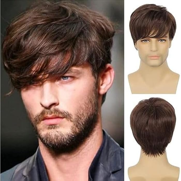 DILLARDS Short Straight Brown Wigs For Men Ombre Length Synthetic Wigs Natural Looking - Image 2
